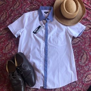 white and checked plaid button up